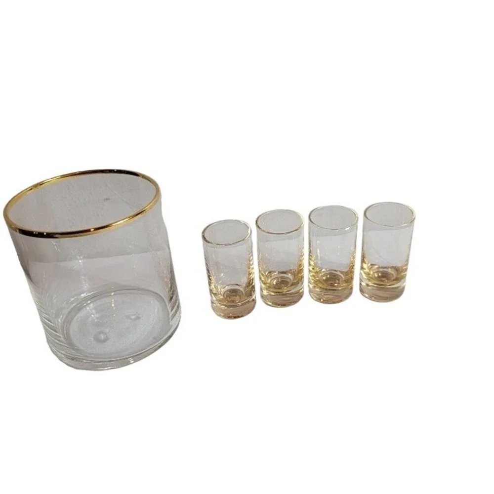 Vintage MCM Shot Glass Set w/ Holder Barware Gold Tone‎ Rim Retro